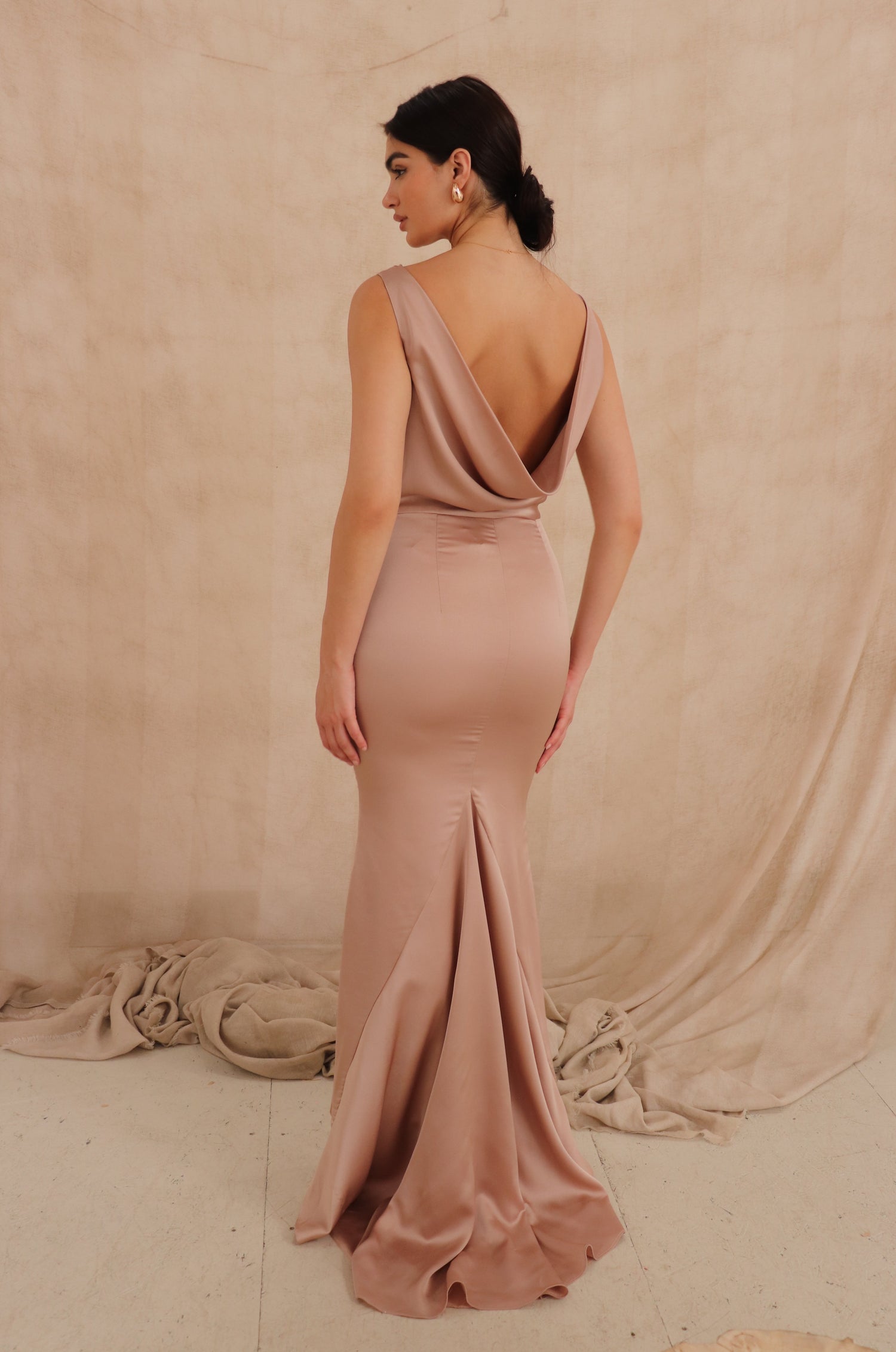 JARLO model wears Nude satin Electra maxi dress