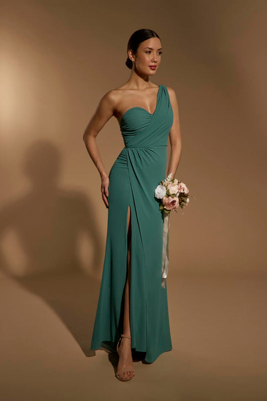 Jarlo Olani one shoulder green fishtail maxi dress with ruched bodice