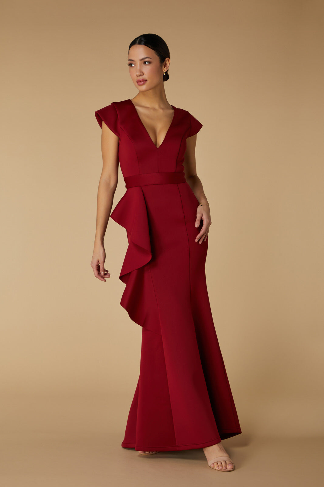 Jarlo Avery Ruffle Frill V Neck Burgundy Scuba Maxi Dress