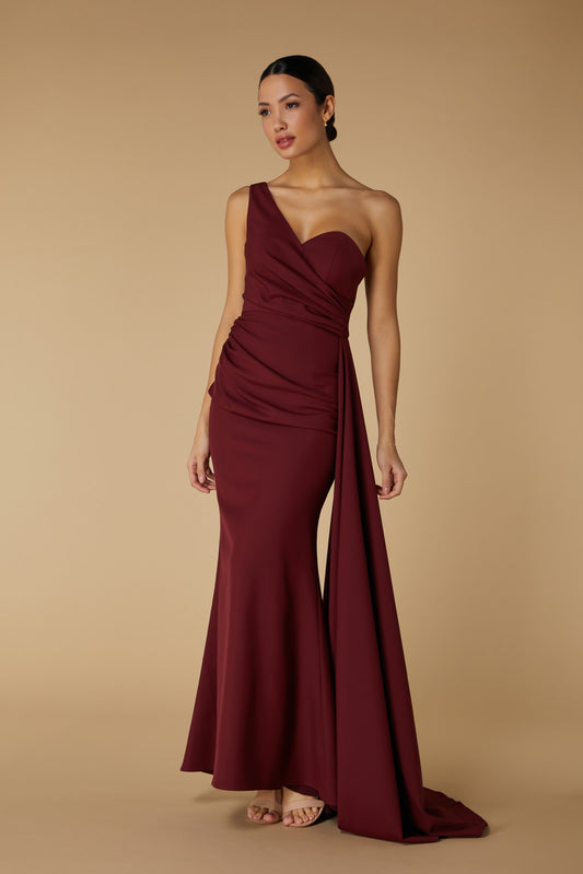 Jarlo Hazel One Shoulder Fishtail Burgundy Maxi Dress with Drape Detail