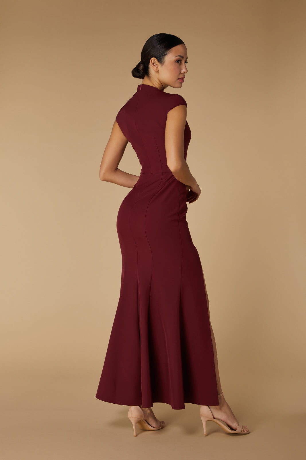 Jarlo Kip High Neck Burgundy Maxi Dress with Cap Sleeves