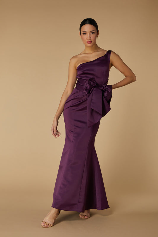 Jarlo Rose One Shoulder Midnight Plum Satin Maxi Dress with Bow Detail