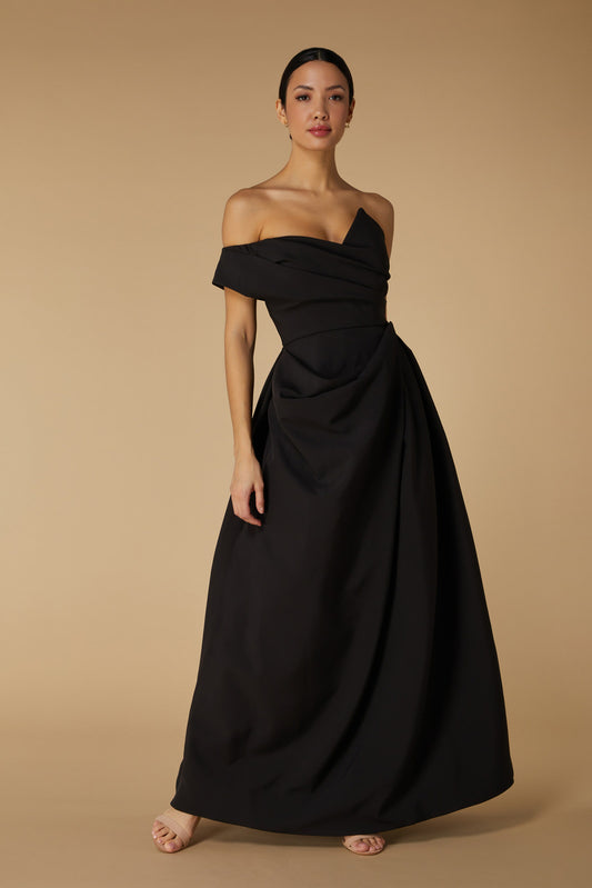 Jarlo Em Off Shoulder Black Maxi Dress with Draped Skirt Detail