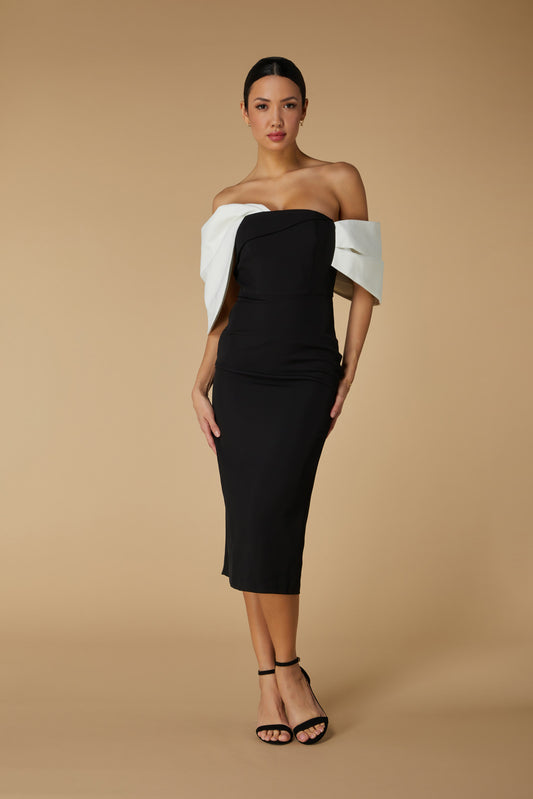 Jarlo Ava Off Shoulder Black Midi Dress with Sculpted Monochrome Detail