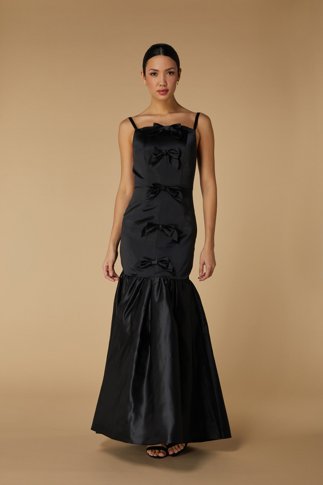 Jarlo Romy Black Satin Maxi Dress with Peplum Hem and Bow Detail