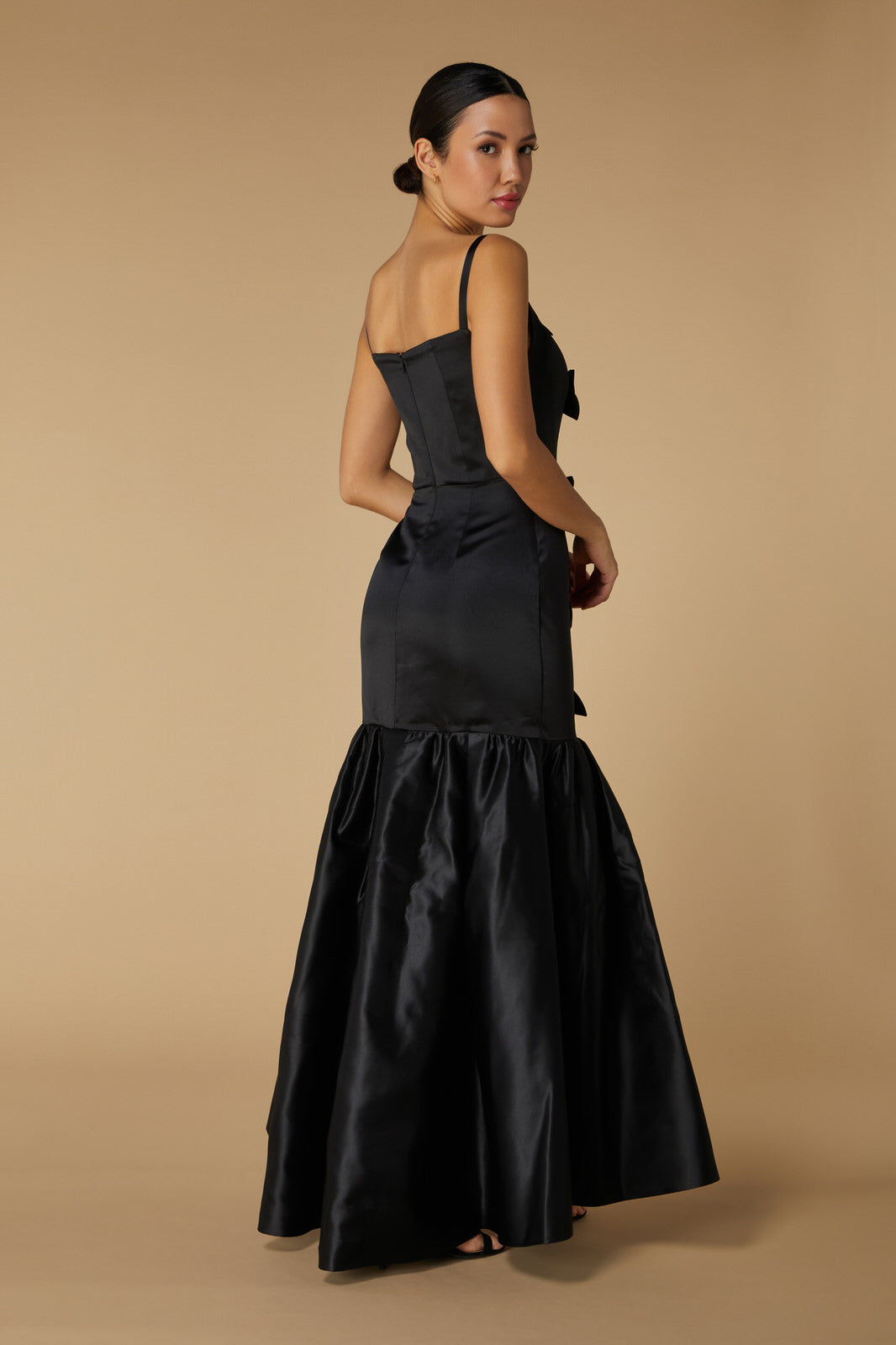 Jarlo Romy Black Satin Maxi Dress with Peplum Hem and Bow Detail