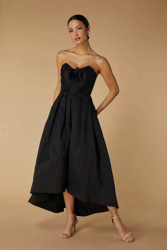 Jarlo Pearl High Low Black Midi Dress with Corsage Detail