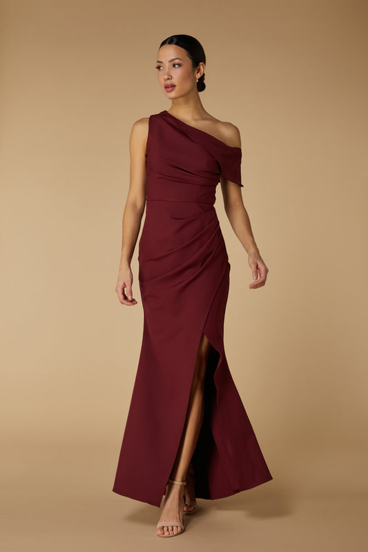 Jarlo Morgan Drop Shoulder Fishtail Burgundy Maxi Dress