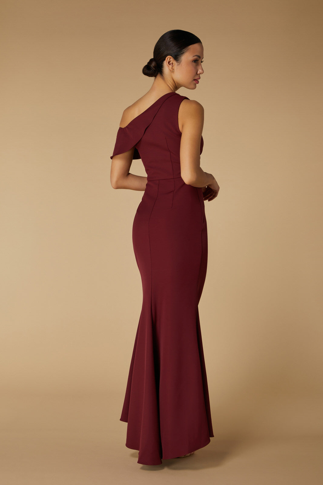 Jarlo Morgan Drop Shoulder Fishtail Burgundy Maxi Dress