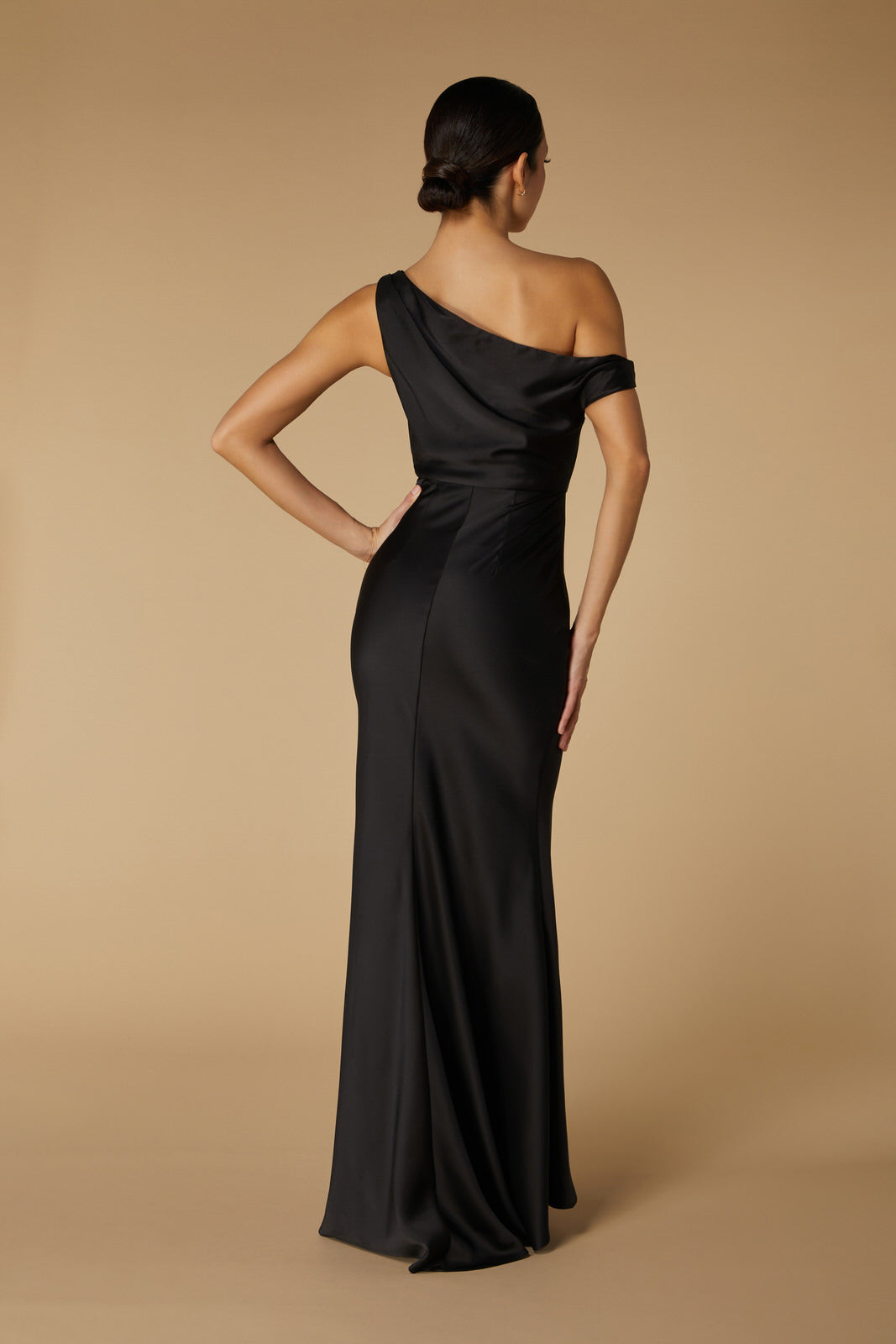 Jarlo Artemis Drop Shoulder Black Satin Maxi Dress