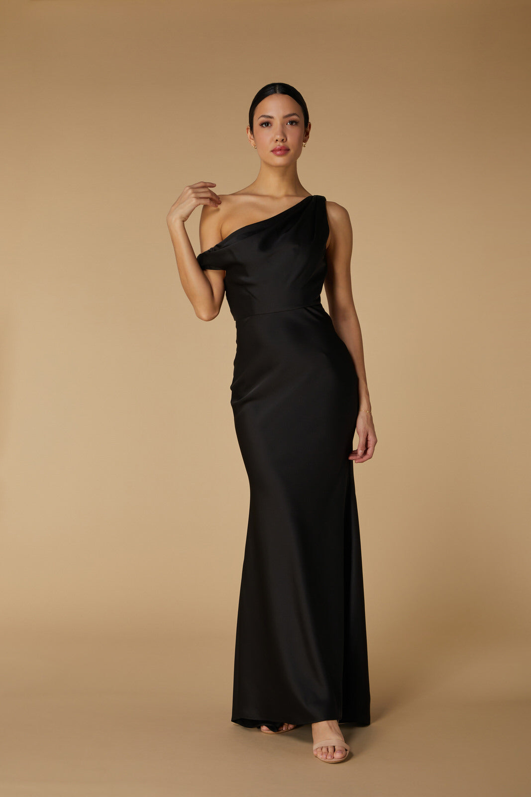 Jarlo Artemis Drop Shoulder Black Satin Maxi Dress