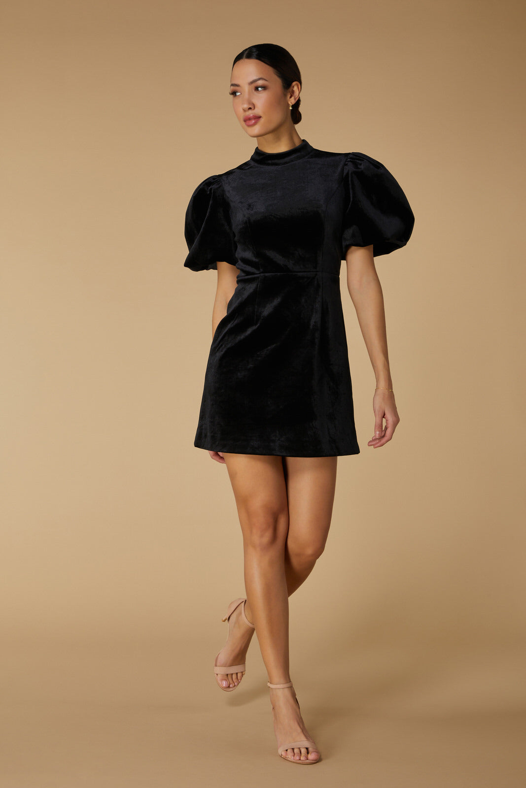 Jarlo Eden Black Velvet Puff Sleeve Mini Dress with Open Back