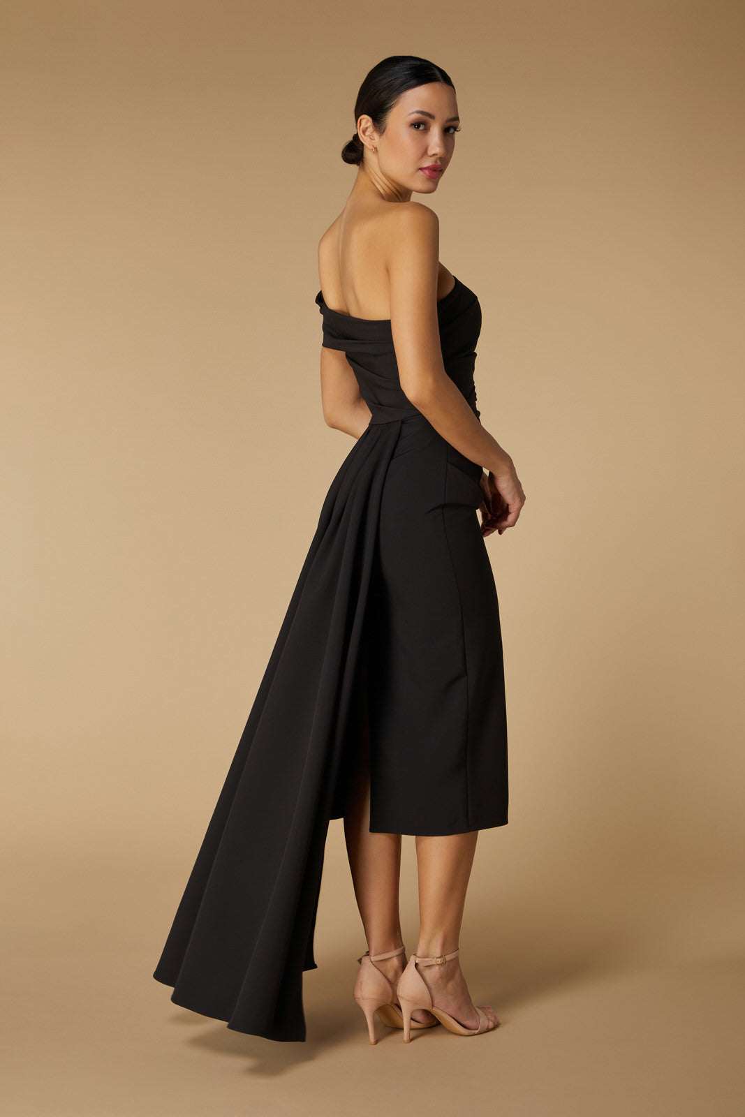 Jarlo Greer Off Shoulder Black Midi Dress with Drape Detail