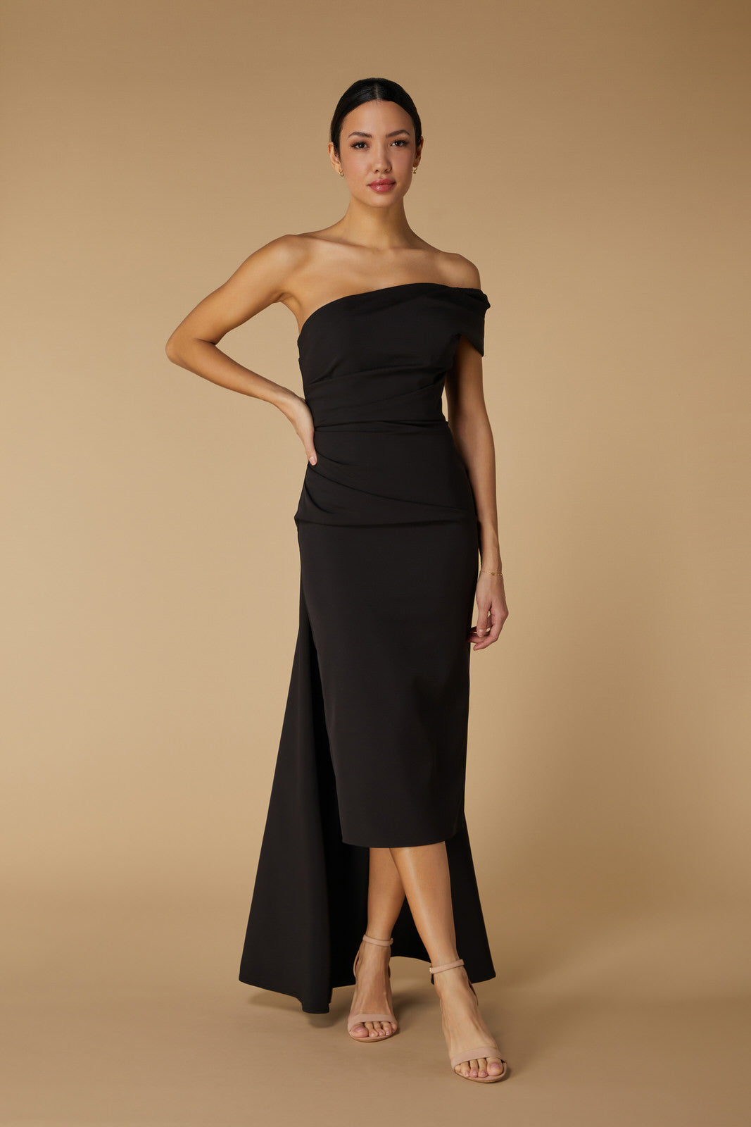 Jarlo Greer Off Shoulder Black Midi Dress with Drape Detail