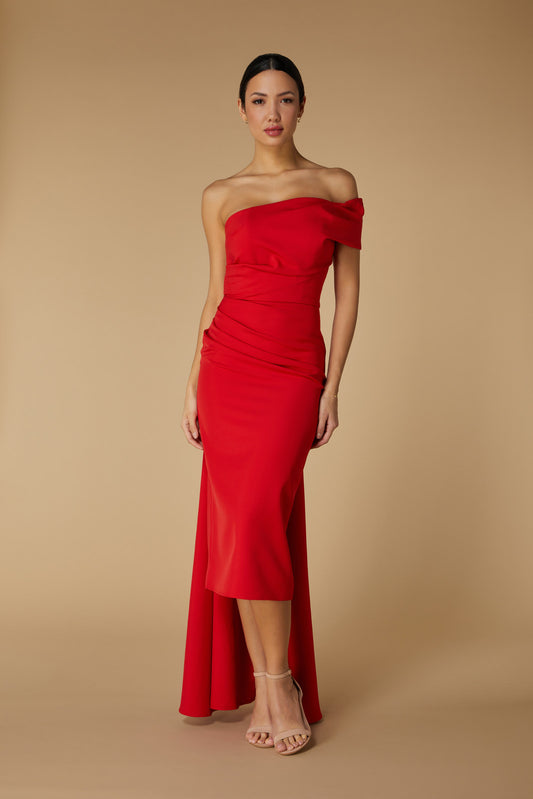 Jarlo Greer Off Shoulder Red Midi Dress with Drape Detail