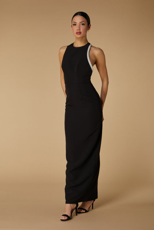 Jarlo Rue High Neck Black Maxi Dress with Embellished Cut Out Detail