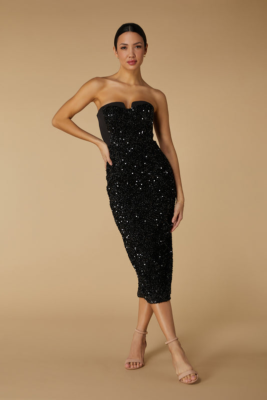 Jarlo Monica Strapless Black Sequin Midi Dress