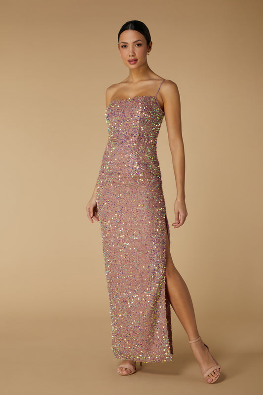 Jarlo Clement One Shoulder Champagne Sequin Maxi Dress