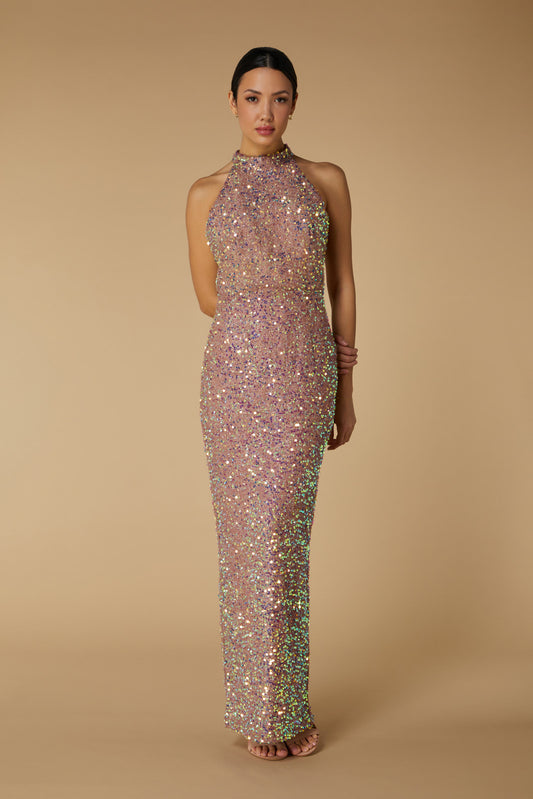 Jarlo Yolanda High Neck Champagne Sequin Maxi Dress with Back Strap Detail