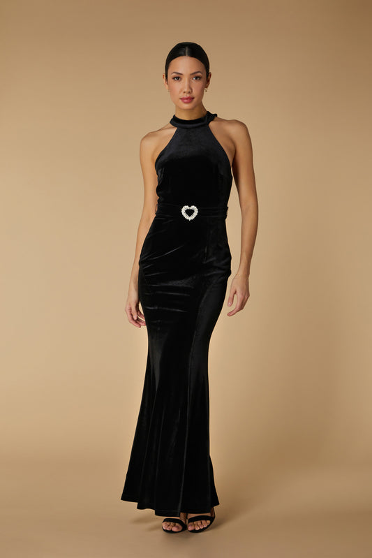 Delta Halter Neck Maxi Dress with Embellished Heart Detail