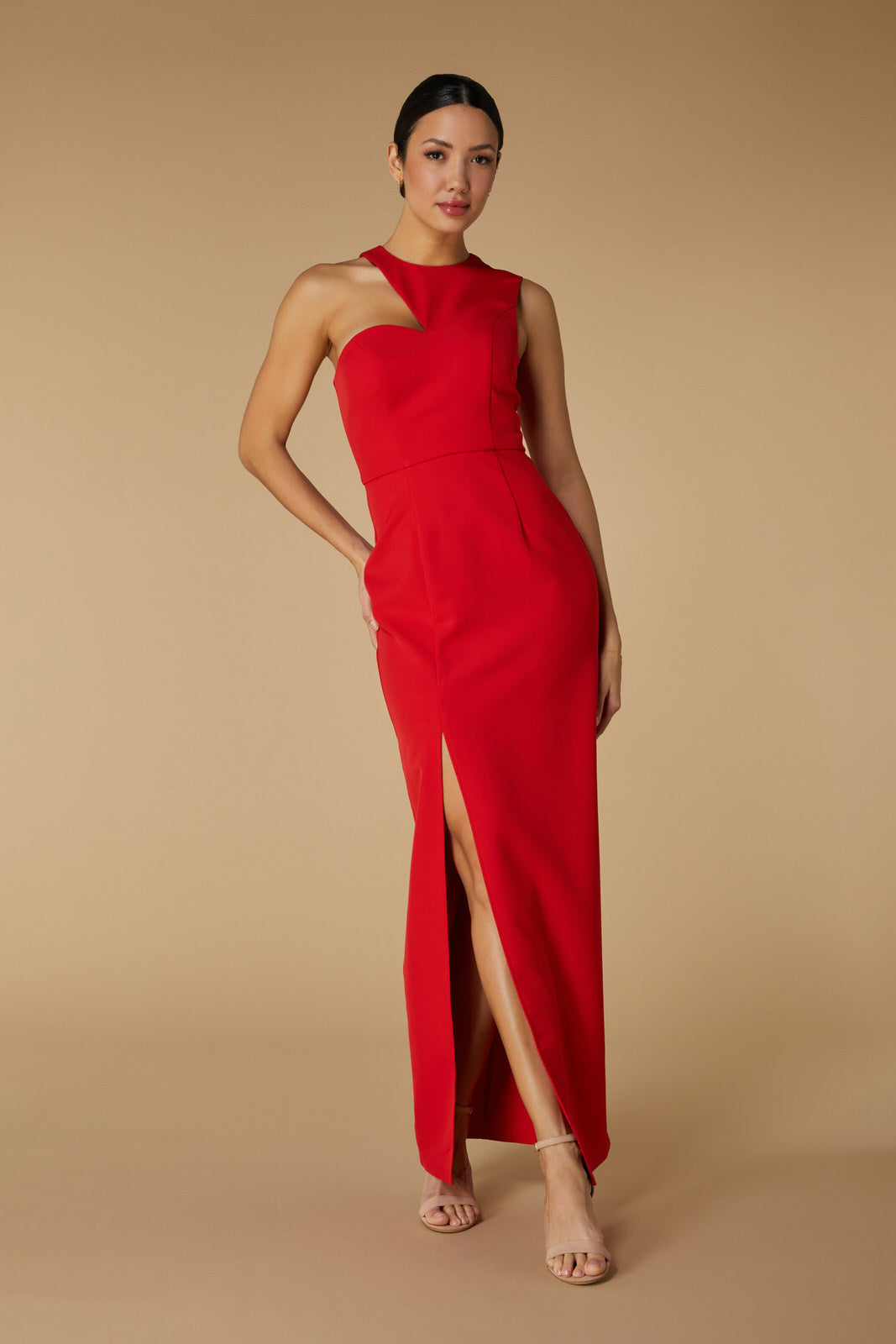 Jarlo Sharon High Neck Red Maxi Dress with Cut Out detail