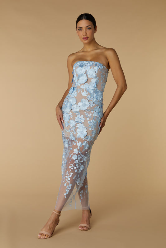 Willow Strapless Midi Dress in Floral 3D Lace