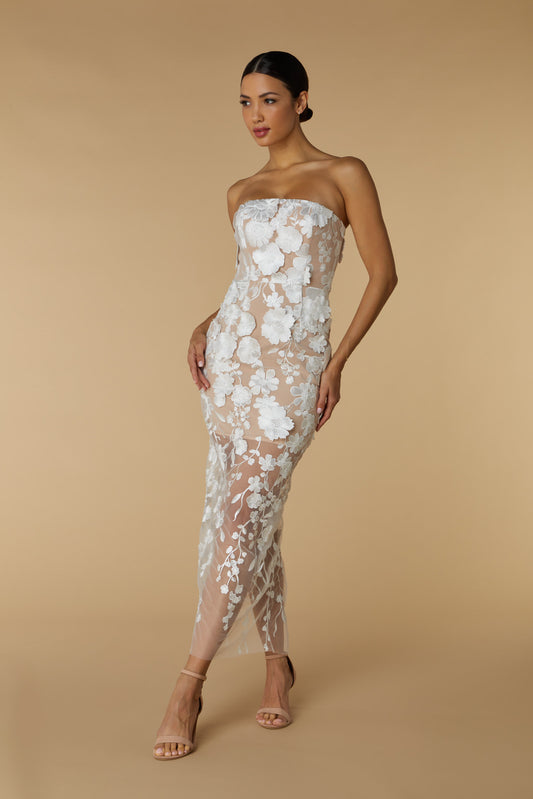 Willow Strapless Midi Dress in Floral 3D Lace