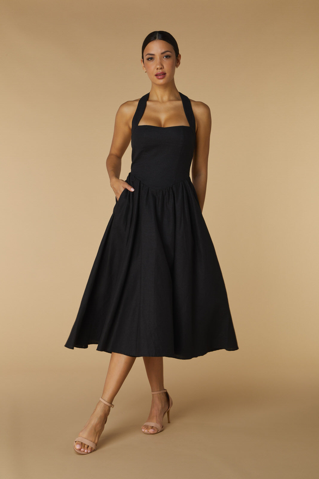 Ava Halter Neck Midi Dress with A-Line Skirt