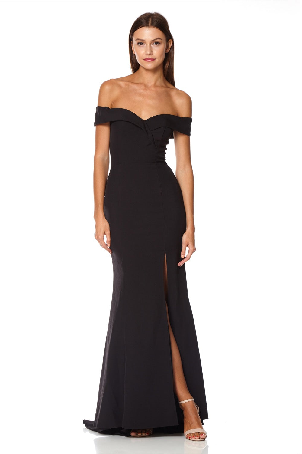 Bella Bardot Maxi Dress With Thigh Split And Train