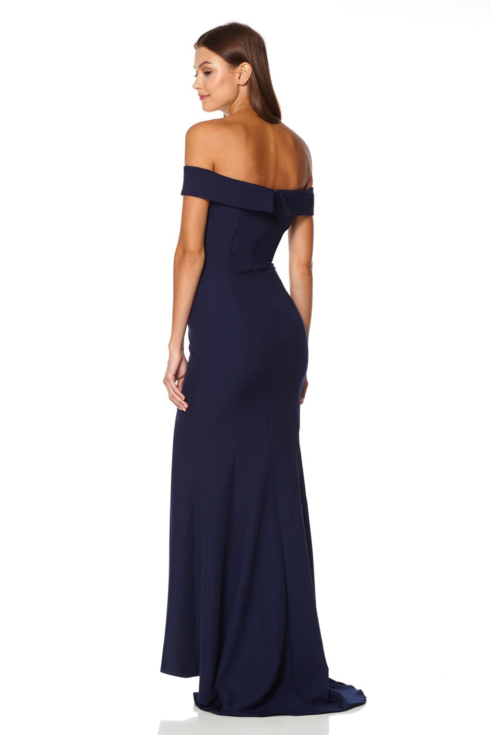 Bella Bardot Maxi Dress With Thigh Split And Train