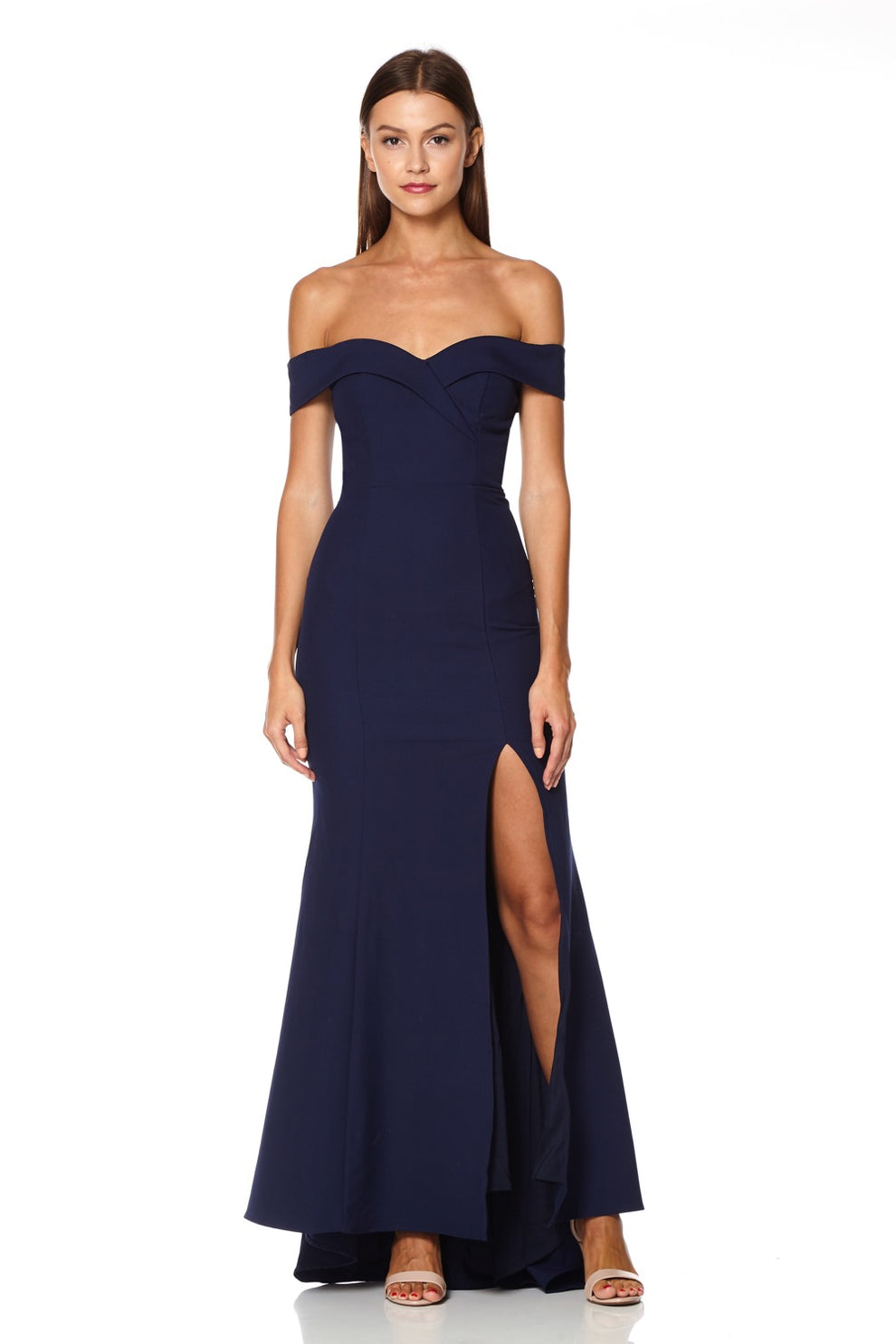 Jarlo's Bella Bardot Maxi Dress With Thigh Split And Train in navy ...