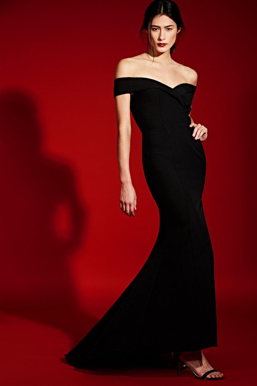 Jarlo's Bella Bardot Maxi Dress With Thigh Split And Train in black ...