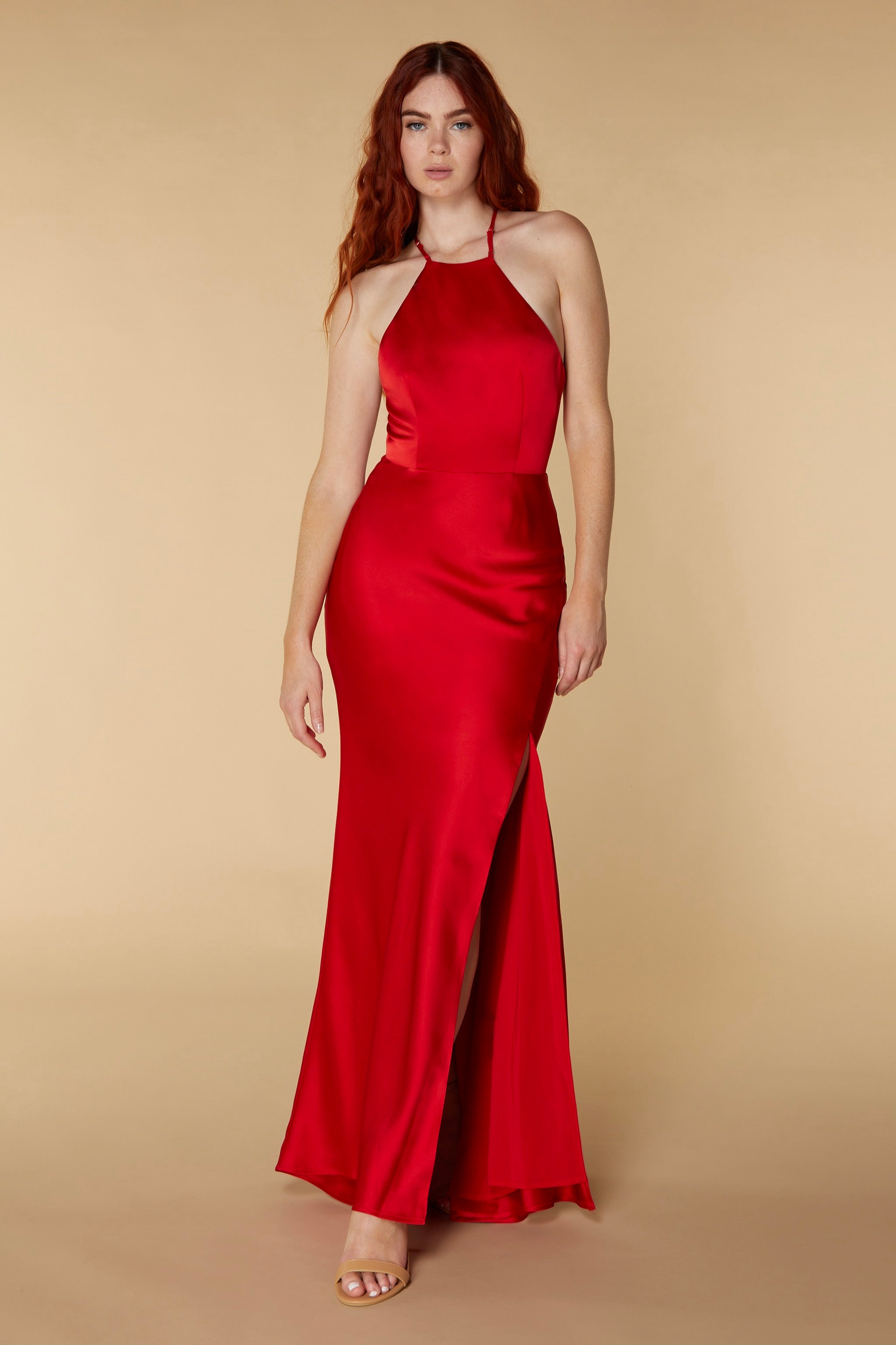 Red cami strap maxi dress with hot sale thigh split