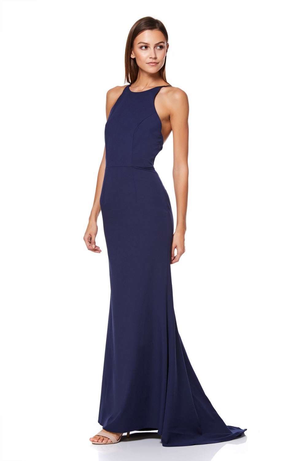 Navy lace high outlet neck fishtail midi dress