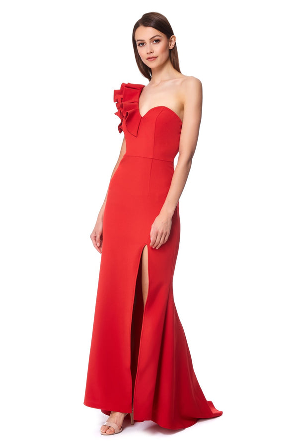 Jarlo's Luella Ruffle One Shoulder Maxi Dress With Thigh Split in red ...