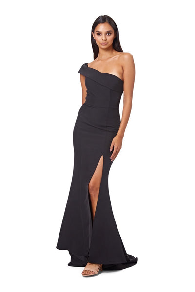 Jarlo s Sheridan One Shoulder Maxi Dress with Thigh High Slit in Black Jarlo London