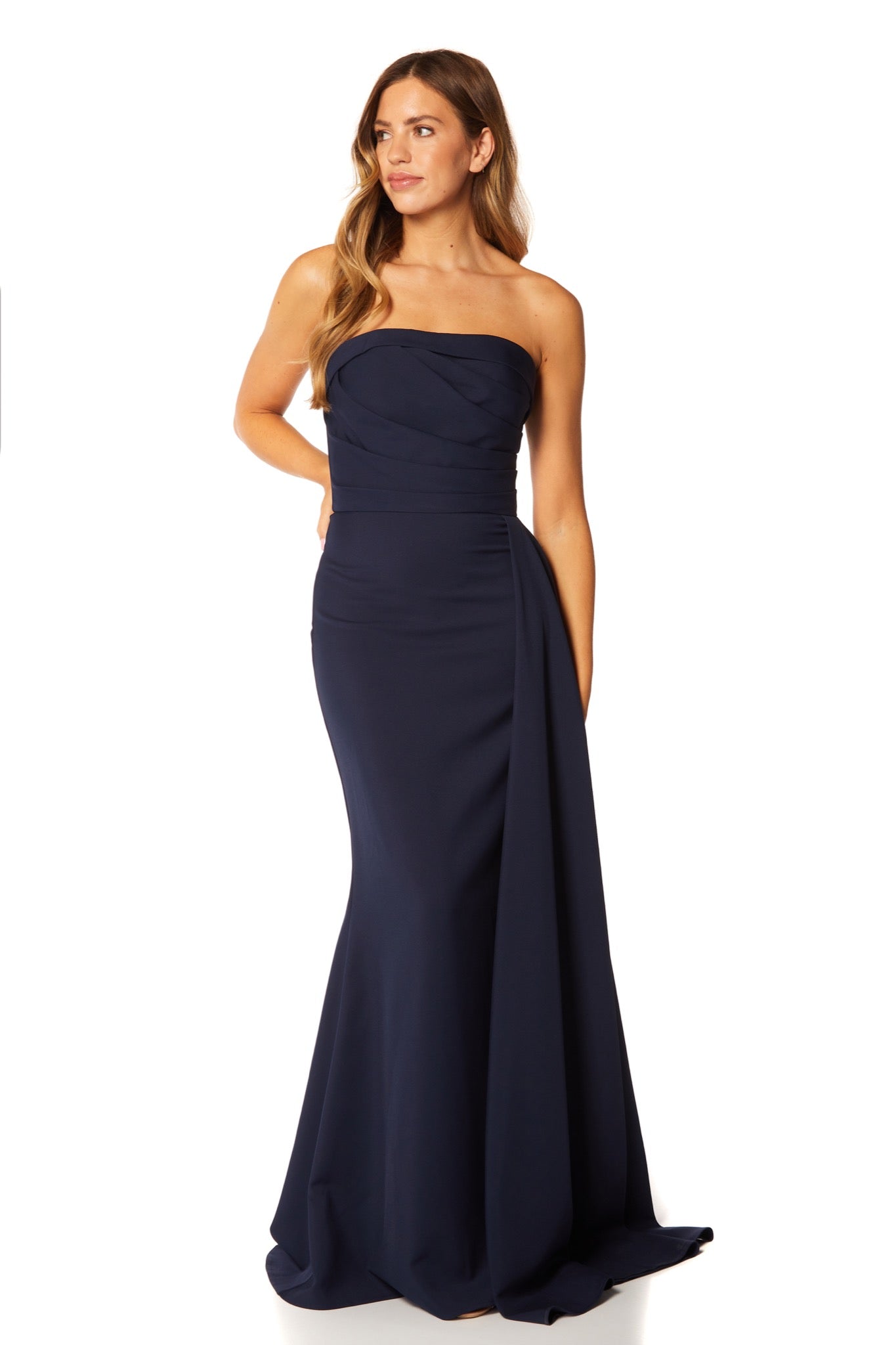 Jarlo's Zo Strapless Maxi Dress with Pleated Side Skirt Drape in Navy ...