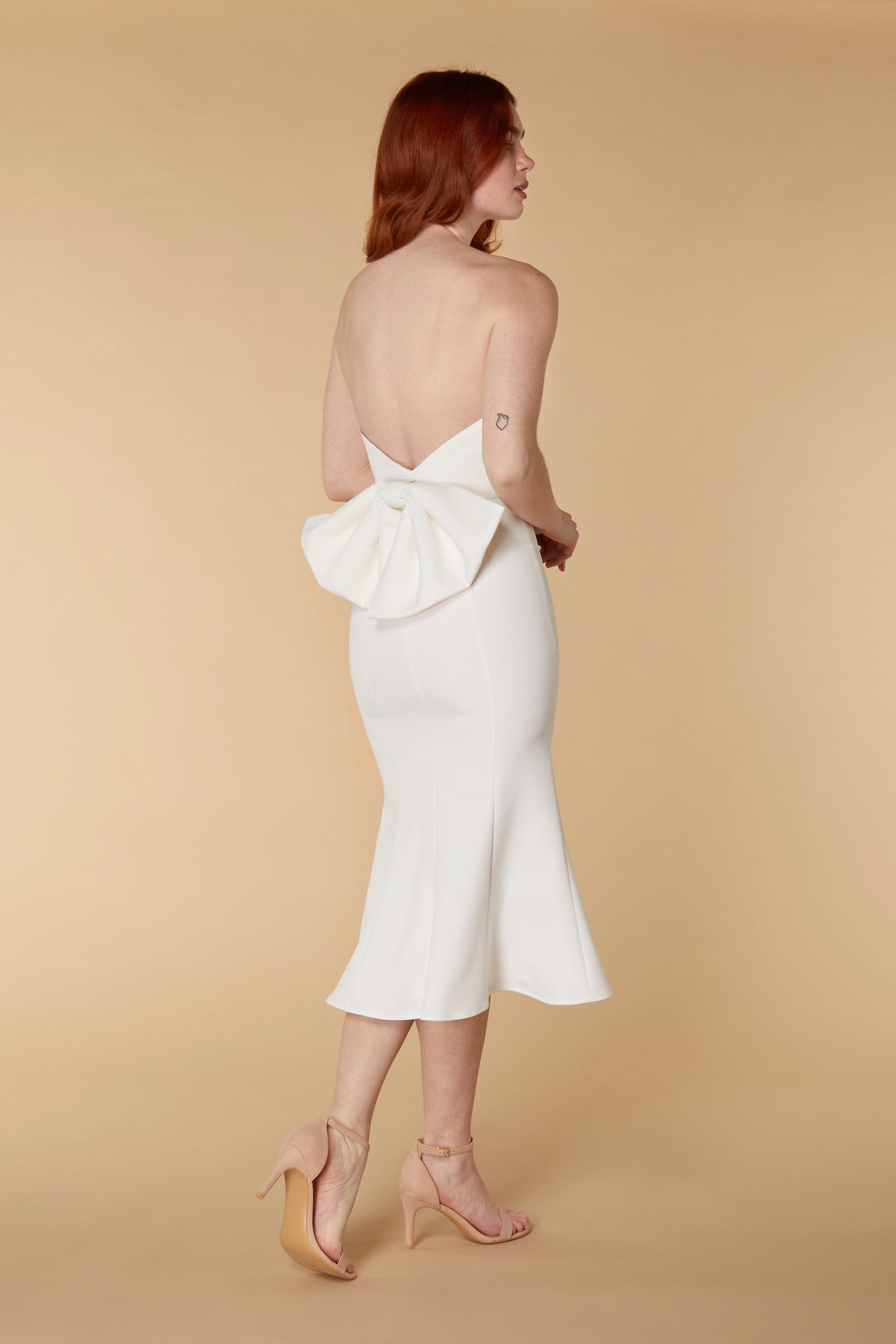 Maya Strapless Fishtail Midi Dress with Bow Back Detail